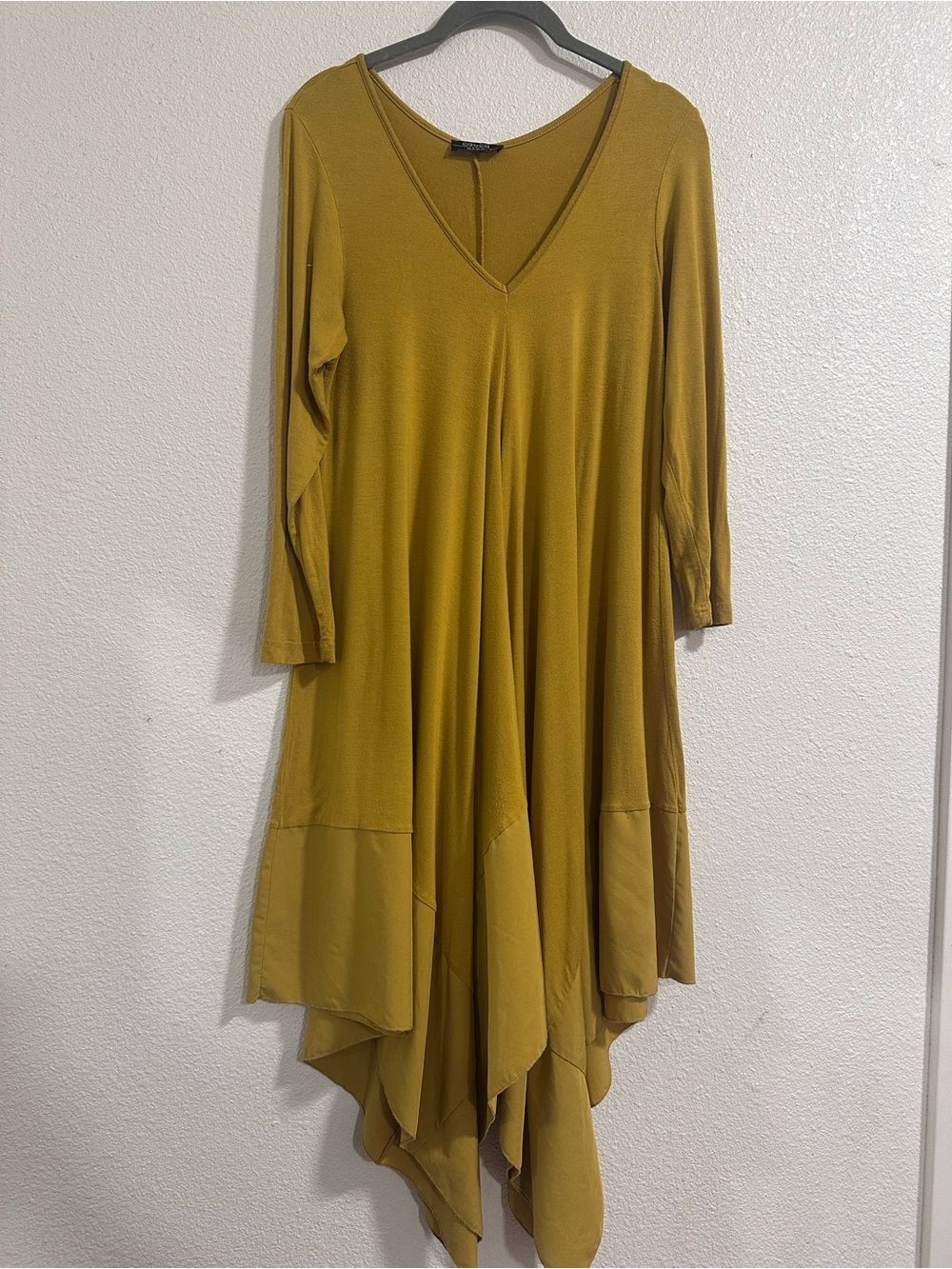 Women's Asymmetrical V-Neck Dress in Mustard Yellow